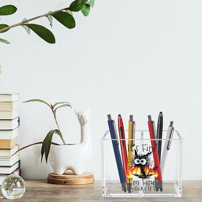 It's Fine I'm Fine Acrylic Cosmetic Pencil Pen Holder Funny Black Cat Pen Holder Cup Sarcastic Gifts for Cat Lover Women Men Colleague Boss Decor for Home Office Desk Accessories