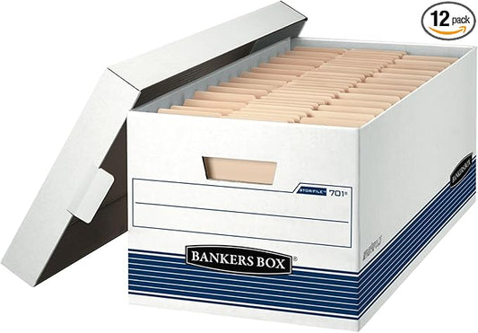 Bankers Box 12-Pack Medium Duty File Storage Boxes with Lids, FastFold Assembly, 24 Inch Letter, STOR/FILE, (00701)