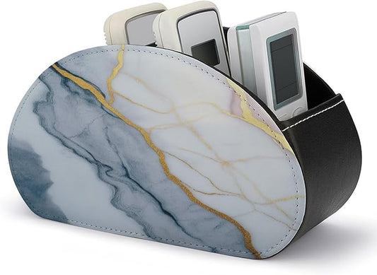White Gold Marble Texture Remote Control Holder with 5 Compartments Leather TV Remote Caddy Remote Storage Box Desktop Organizer for Pen/TV Remotes/Media Controllers/Office Supplies