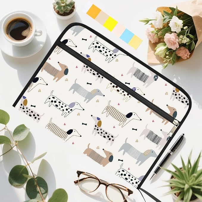 WEBEEDY 13 Pockets Expanding File Folder Cute Dachshund Accordion File Organizer with Labels and Zipper, Adorable Dog Bone Prints Document Organiser Portable for A4 Paper Receipt Paperwork Office