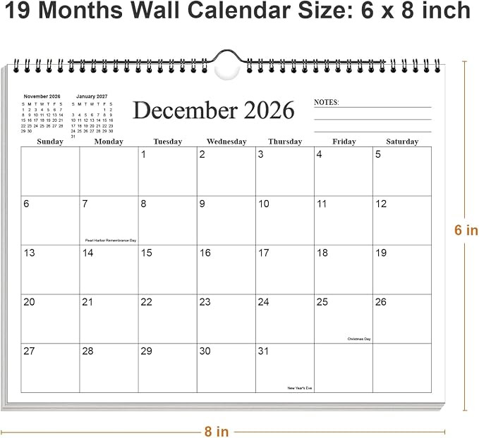 Small Wall Calendar 2026-2027 - Mini Calendar 2026-2027 from June 2026 - December 2027, 19 Months Little Calendar with Premium Paper, 6" x 8", Black