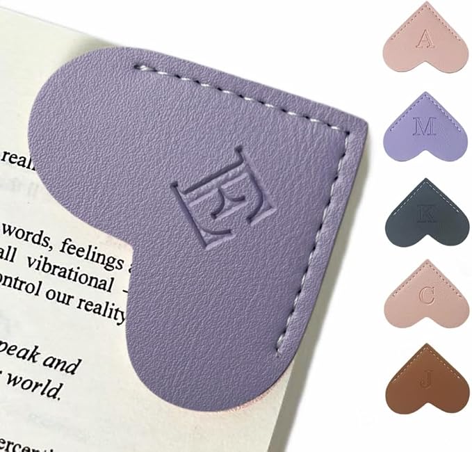 Personalized Leather Book Marks, Heart Bookmark, Unique Cute Handmade Letter Bookmarks Accessories for Reading Women, Teacher, Student, Book Lovers Book Mark Gifts (Purple, E)