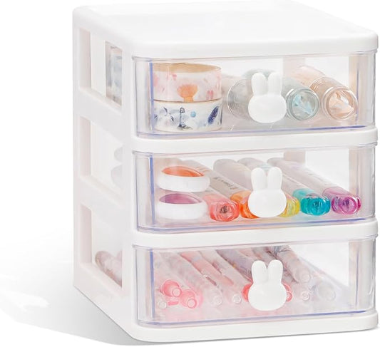 CEYAZYE Small Desk Organizer with Drawer, Stackable Makeup Organizer White, Mini Plastic Storage Box for Desktop, Bathroom Counter or Dresser, School, Home, Office (3 Tier)