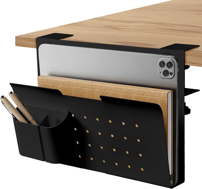 Under Desk Laptop Holder, No Drill Table Side Storage Organizer, Cute Pink Panda Clamp On Desktop Shelf Steel Table Hanging Mount File Tray, Desk Accessories & Workspace Organizers (Black)