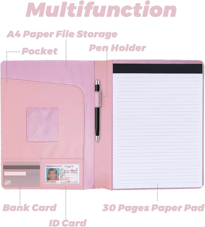 PU Leather Portfolio Folder with 30 Pages Paper Padfolio Business Organizer Document Planner Binder Storage Pocket for Legal Pad Holder Paperwork Phone Men Women (A4, Pink)
