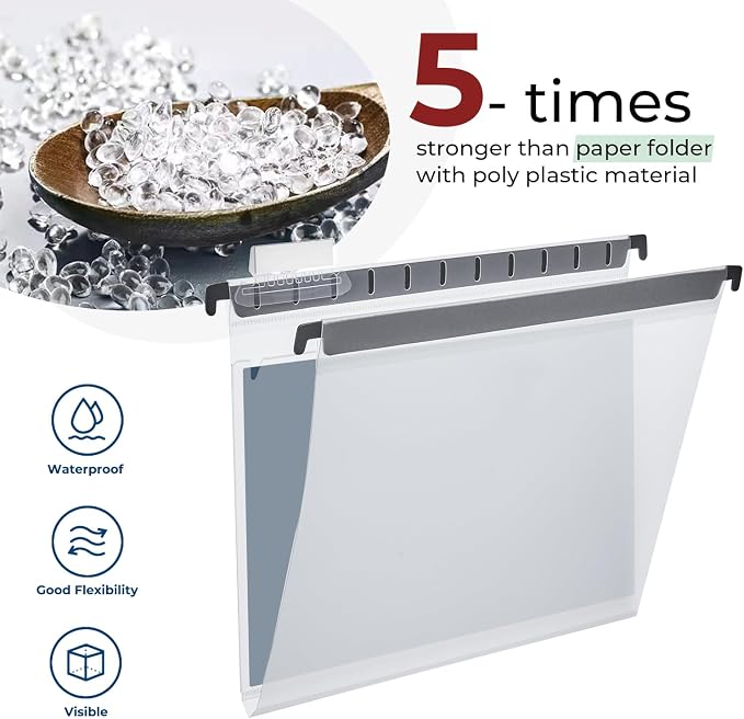 Y YOMA Plastic Hanging File Folders with Pocket, Letter Size, 1” Expansion 12 Pack Clear Reinforced Hanging Folders with Tabs, Waterproof for Filing Cabinet Bulky Files Home Office