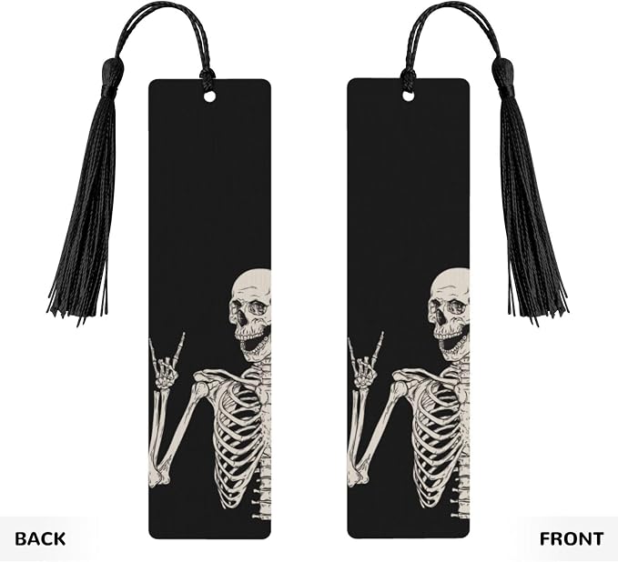 Skull Double-Sided Printed Wooden Bookmarks 5Pcs, Rock and Roll Book Accessories Birthday Presents for Men Women Presents for Book Lovers (5 Piece Set)