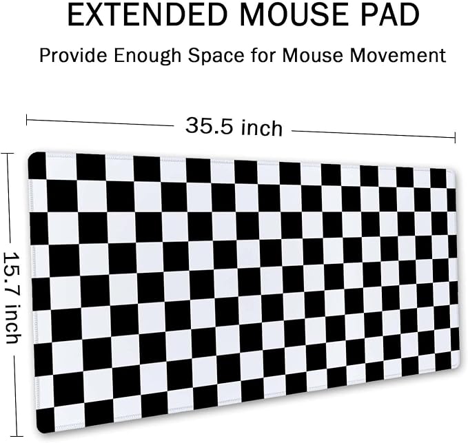SSOIU Checkered Desk Mat Extended Gaming Mouse Pad (35.5x15.7 in), Large Stable Rubber Base Mousepad with Stitched Edges, Keyboard Mouse Mat Desk Pad for Work, Game, Office - Black White Checkerboard