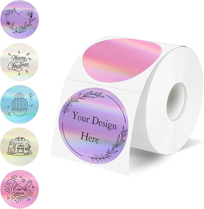 STARLIBOO 2 Inch Round Holographic Thermal Label Stickers, Glitter Circle Thermal Printer Sticker Labels, Self-Adhesive Direct Labels for Gift Wrapping-5 Colors