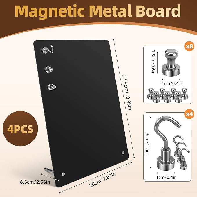 Magnetic Metal Display Bulletin Board, 4 Pack, Black Vertical | 11x8 Inch, Includes 12 Magnets, For Memos Messages Photos, Home School Kitchen Office