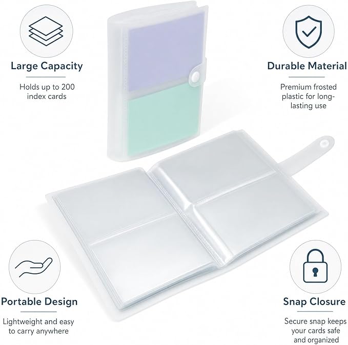 3x5 Index Card Holder Organizer - Clear Card Binder for Flash Card, Note Card Storage, 50 Sheets Plastic Sleeves Indexcard Booklet Folder, Stores Up to 200 Cards