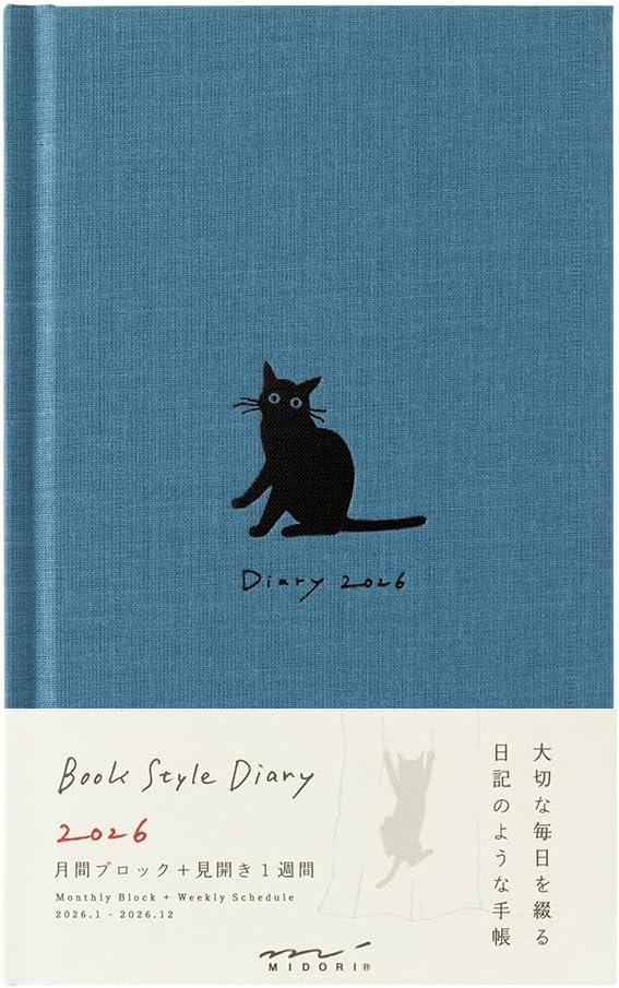 Midori Book Style Diary, 2026, B6 Model, Weekly Cat Pattern, Navy Blue, 22378006 (Starts from January 2026)