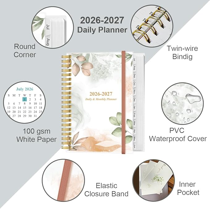 2026-2027 Daily & Monthly Planner, One Page Per Day, Daily Planner 2026-2027 from July 2026 to June 2027, Planner 26-27 with Monthly Tabs, Inner Pocket, 6.4" x 8.5", Rose Leaf