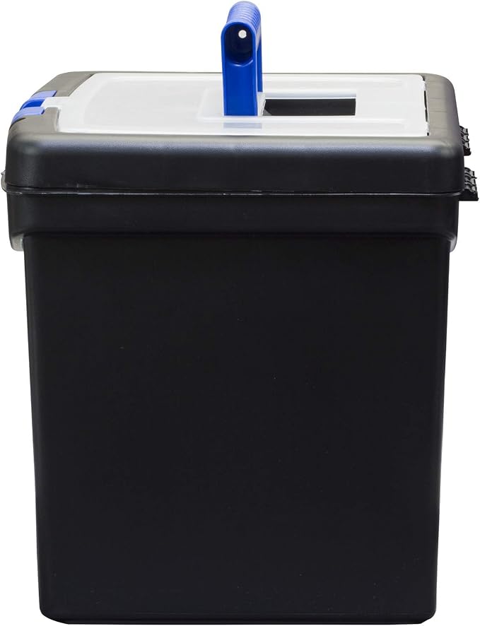 Storex Portable File Box with Organizer Lid – Plastic Office File Storage Box for Letter Paper and Hanging Folders, Black/Blue, 1-Count (61415B03C)