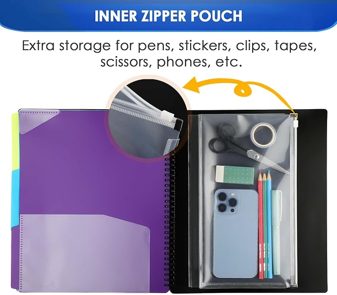 KTRIO 24 Pocket Project Organizer, Letter Size Spiral Binder,Black | 24 Pocket Storage,Letter Size Fit,Water-Resistant Poly,Zip Pouch Included,Writable Color Tabs