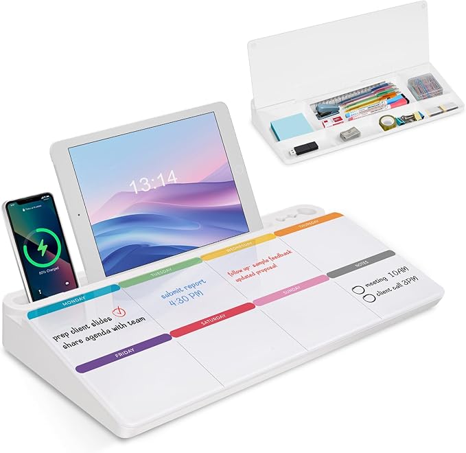 Desktop Glass Whiteboard with Storage, Colorful Weekly Calendar Desk Dry Erase White Board, Desk Organizers and Accessories, Weekly Planner Board with Notes for Planning, Memo, Office, Home, School