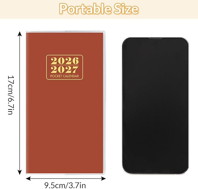 Pocket Calendar 2026-2027, Purse Monthly Planner, Runs from January 2026 Until December 2027, 3.7" x 6.7", Pocket Calendar with PVC Cover for Planning, Organizing and Office - Brown