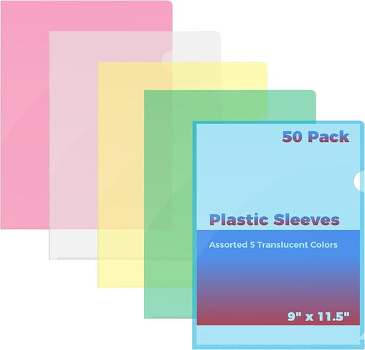 Better Office Products Poly Project Pockets, 50 Pack, Plastic File Jacket Sleeves for Letter Size Paper, Assorted 5 Translucent Colors, Project Folder File Jackets, 9" x 11.5", 50 Pack