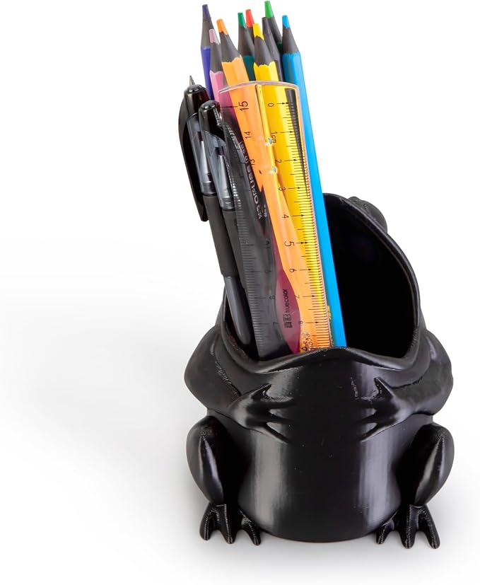 Cute Frog Pen Holder, Frog figurine Pencil Holder for Office Desk Decor, 3D Printed, Black, Durable and Fun Gift Idea