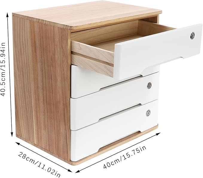 Lockable Desk Organizer Wooden Desktop Drawers Office Flat Files Storage Box Locking Countertop Storage Cabinet (Wood Color + White, 4-Tier)