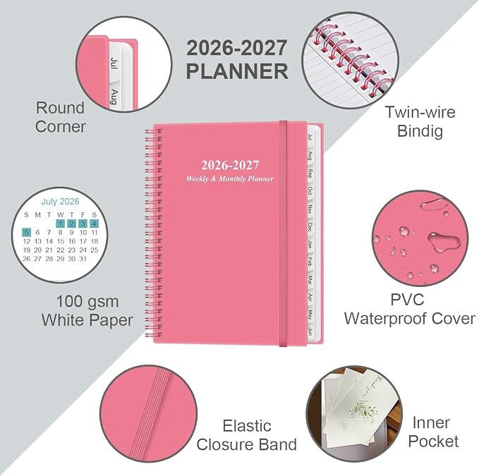 2026-2027 Planner - Planner 2026-2027 from July 2026 to June 2027 with 12 Monthly Tabs, Flexible Cover, Inner Pocket, 8.5" x 11", Pink-B