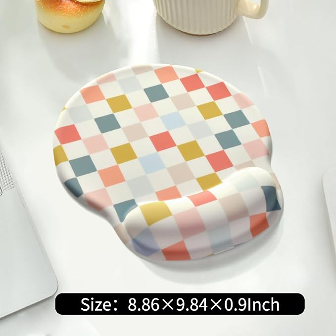 Retro Checkered Mouse Pad with Support Wrist Rest,Cute Funny Boho Ergonomic Mouse Pad with Non-Slip Base for Office Gaming Working Computers,Desk Accessories Pain Relief,Colorful