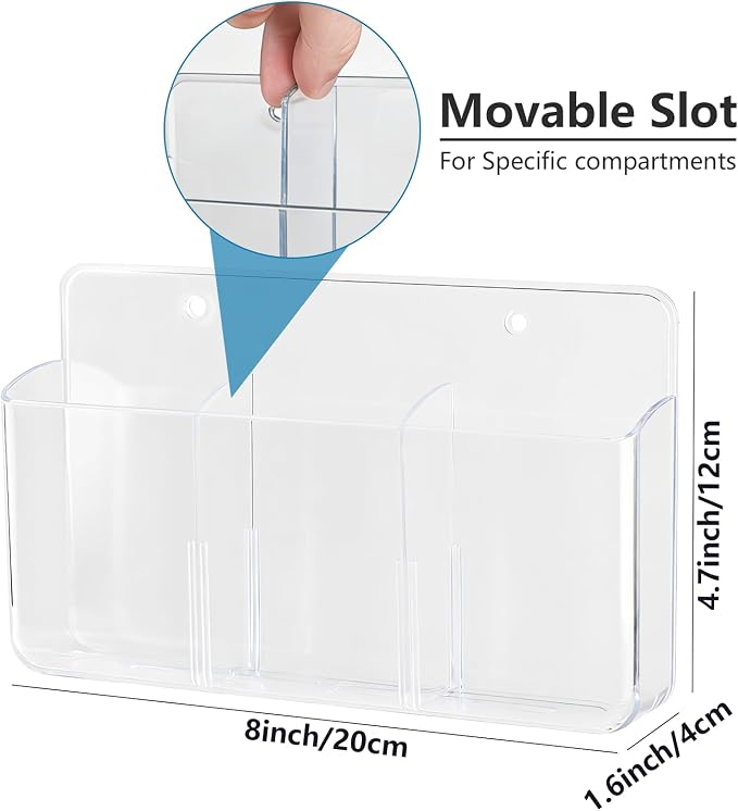 Remote Control Organizer, Clear, 2 Pack | 3 Slot, Wall Mount, Self Adhesive, For TV Remote, Marker & Pen