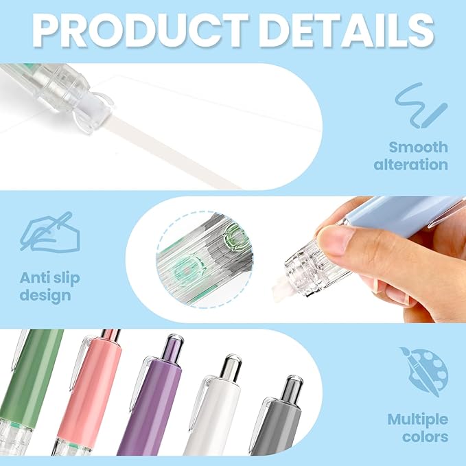 Refillable Retractable Correction Tape Refill, 12 Pack Correction Tape Refills Easy to Use Applicator, Pen Shaped Applicator Refills for School Office Journal Wrong Writing Instant Correct (Pack, 12)