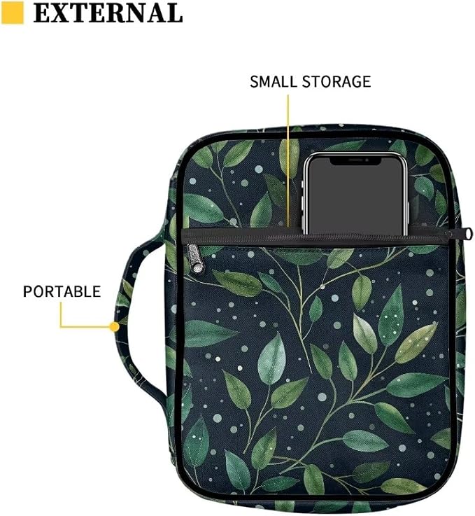 Coldinair Green Leaf Bible Covers for Women Carrying Book Bible Case Church Bag Bible Protective with Handle & Zippered Pocket