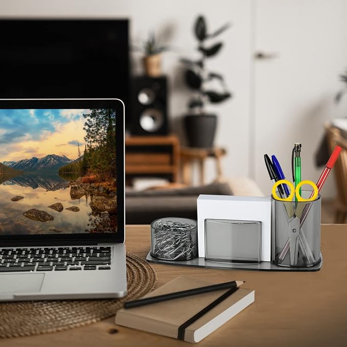 Acrimet Millennium Desk Organizer Cup Caddy – Plastic Desktop Holder for Pen, Pencil, Clips, Desk Accessories & Memo Paper – Includes 200 Sheets of Memo Paper (Clear Gray Color)