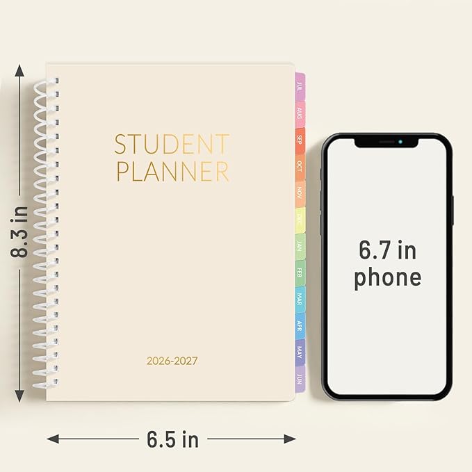 Student Planner 2026-2027, SUNEE Academic Weekly & Monthly Plan Book, Jul. 2026 - Jun. 2027, 6.5"×8.3" Middle & High School Planner, Lesson Plan Book with Week's Goals, Bookmark, Monthly Tabs, Beige