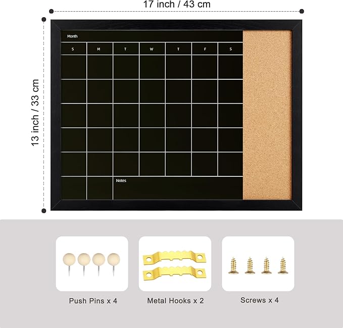 Combination Calendar & Memo Board, Magnetic Surface Monthly Calendar, Wall Mountable, Decorative Black Wood Framed(R-ZHYL-BK,4333)