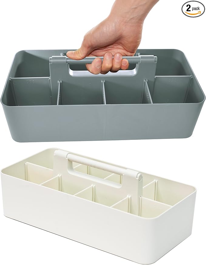 Portable Caddy Organizer -2 Stackable Plastic Caddy with Handle | Desk, Makeup, Dorm Caddy, Classroom Art Organizers (Made In Usa) (Ivory/Orion Gray)