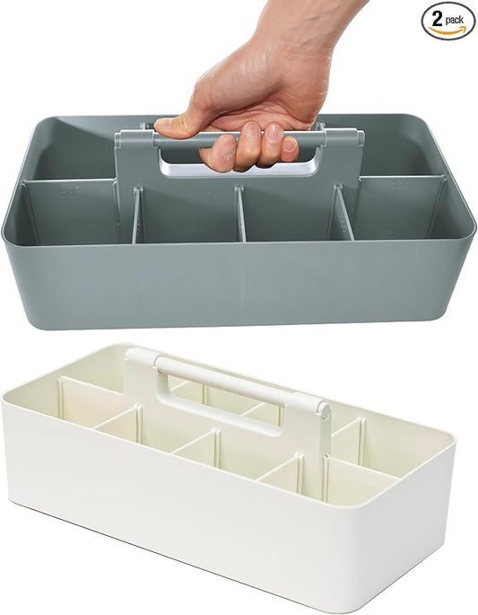 Portable Caddy Organizer -2 Stackable Plastic Caddy with Handle | Desk, Makeup, Dorm Caddy, Classroom Art Organizers (Made In Usa) (Ivory/Orion Gray)