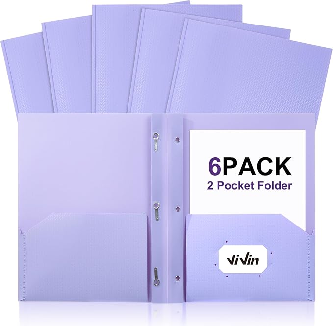 ViVin Sturdy Plastic Folder with Pockets,6 Pack,Heavy Duty Two Pocket 3 Prong Folders,Holds Letter Size Paper,File Folders with Business Card Slot for School Home and Office(Light Purple)