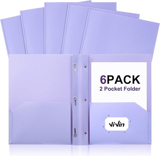 ViVin Sturdy Plastic Folder with Pockets,6 Pack,Heavy Duty Two Pocket 3 Prong Folders,Holds Letter Size Paper,File Folders with Business Card Slot for School Home and Office(Light Purple)