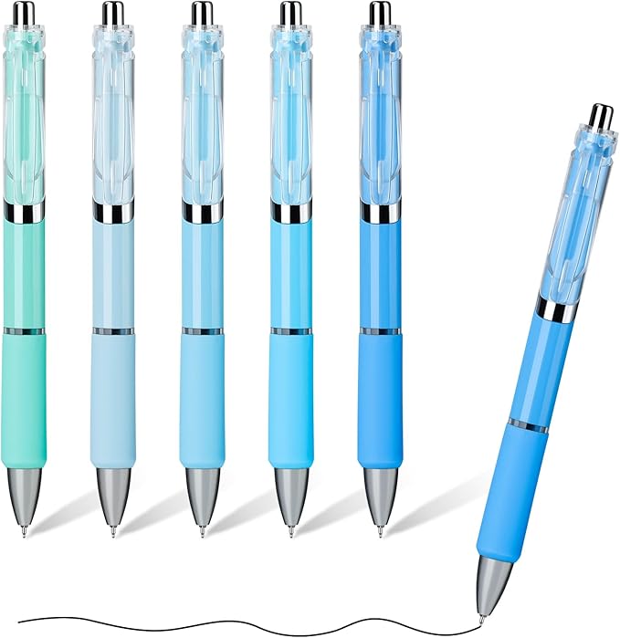 Temiary 5 Pcs Retractable Gel Pens, 0.5 mm Black Ink Fine Point Quick Dry Gel Ink Pen, Aesthetic Smooth Writing for School Office Journaling Note Taking and Sketching (Blue)