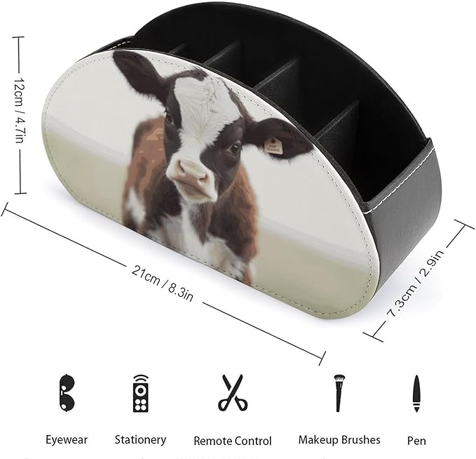Baby Cow Remote Control Holder with 5 Compartments - PU Leather TV Remote Holder Remote Caddy Desktop Organizer Makeup Brush Holder, Remote Storage Box for Home Office