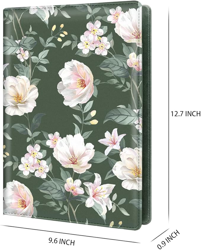 WAVEYU Portfolio Case for Women, Padfolio Cover for Girls, Conference/Resume/Legal Document Organizer with Letter/A4 Size Clipboard Hardboard, Business Card Holders, Green Flower