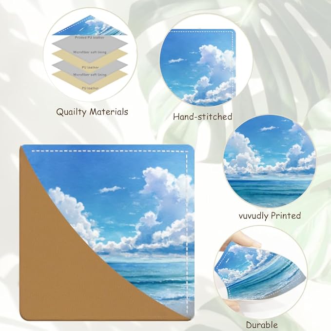 2PCS PU Leather Bookmarks 3.5x3.5 Inch Ocean Sky Cloud Design | PU leather bookmarks with ocean sky cloud design for beach novels, travel notes, summer reading and sea lovers.