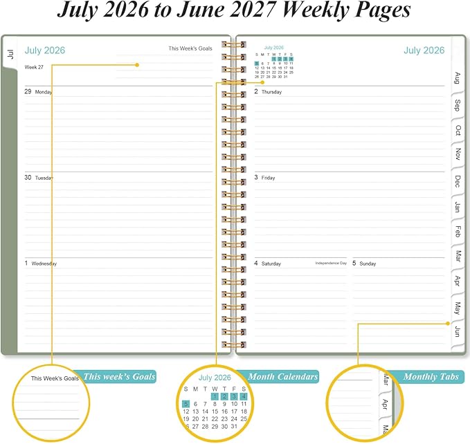2026-2027 Planner - Planner 2026-2027 from July 2026 - June 2027, Weekly & Monthly Planner Spiral Bound with 12 Monthly Tabs, Inner Pocket, 6.4" x 8.5", Green-A