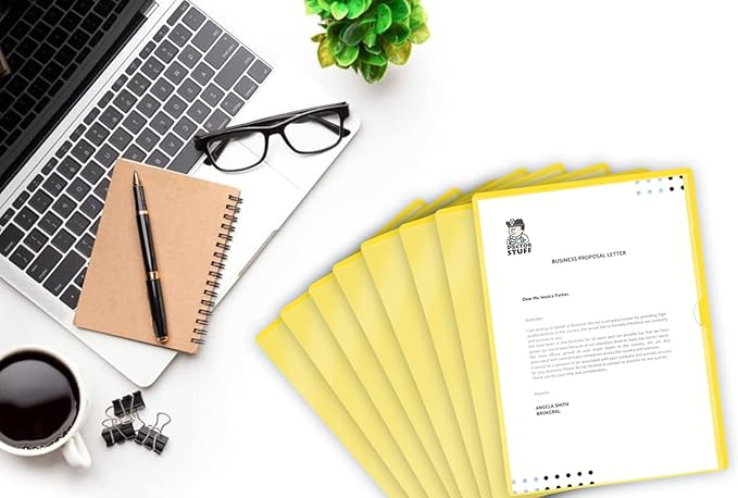 Doctor Stuff - 25 Pack L-Type Vinyl Plastic File Folders Letter Size, Yellow Pocket Project Folders Clear Front, Documents Holder for Home, High School, Office and Medical Files
