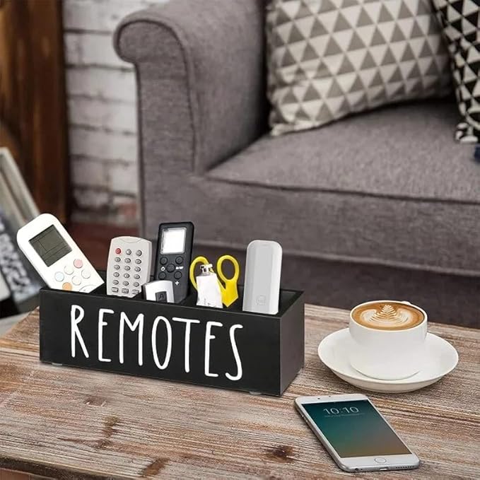 Multifunctional Wooden Remote Control Table Organizer - Living Room Storage Box for Remotes, Pens, Makeup Brushes, Office Desk Supplies and More - Declutter Your Home
