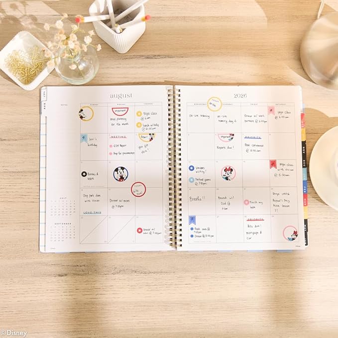 Organized by Happy Planner Disney Dated 12-Month Disc Bound Planner, Jul. 2026–Jun. 2027, Big Size, Dashboard Layout, Twin-Loop Binding, 3 Extra Months, 1 Sticker Sheet, 8.5" x 11", Bright Day Check Mickey