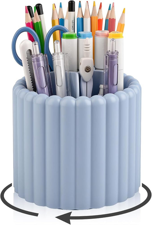 Anyoifax 360° Rotating Pen Holder 7 Slots Desk Organizer Removable Pencil Cup Plastic Art Supplies and Accessories Desktop Storage Box Caddy for Office, School, Home (Blue)
