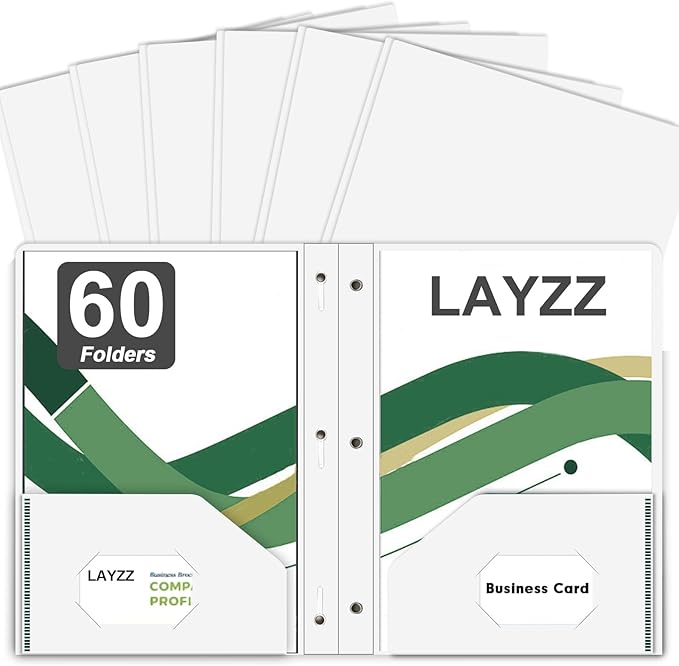 Two Pocket Folders with Prongs, LAYZZ 60 Pack Poly Plastic Folders, Heavy Duty Plastic Folders with Pockets and Prongs, Letter Size, for Offices and Schools (White)