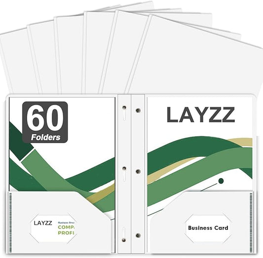 Two Pocket Folders with Prongs, LAYZZ 60 Pack Poly Plastic Folders, Heavy Duty Plastic Folders with Pockets and Prongs, Letter Size, for Offices and Schools (White)