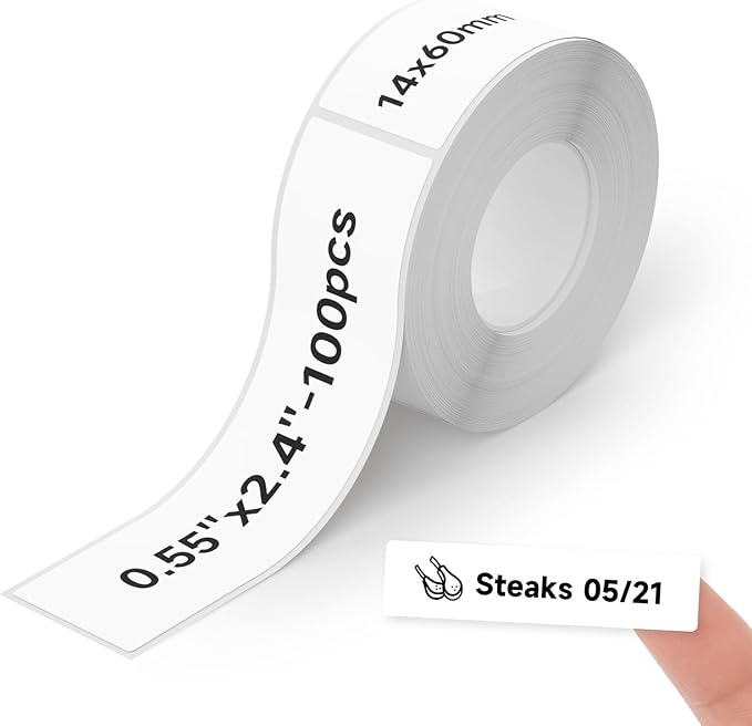 Thermal Labels DETONGER 1/2 Width Compatible Tape Refills Label Stickers Film Coatedfor Label Maker Tapes Home Office School Business Use Sticky Liquid-Proof 0.6"×2.4"(14×60mm) 100pcs White