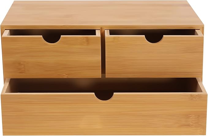 Bamboo Desk Organizer With 3 Drawers, 3 Drawers Counter Storage Countertop Drawers Box,Modern Tabletop Organizer No Assembly Required For Office Supplies, Home, Makeup And Toiletries