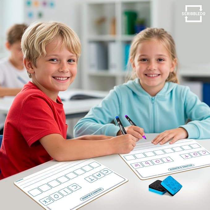 SCRIBBLEDO Elkonin Boxes Dry Erase Board 9x12 Inch Phonics Games Sounds and Blends Syllables Writing Practice Reusable Spelling Words Learn to Read and Write Homeschool & Classroom Supplies